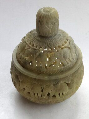 Hand-carved Soapstone Tea light Candle Holder Intricate Elephant Design